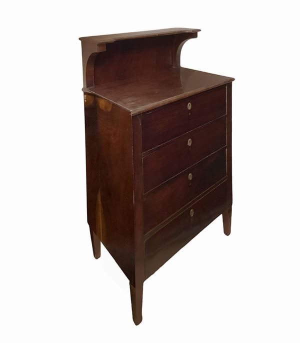 Cassettoncino con alzata in legno di mogano con quattro cassetti e piede troncopiramidale