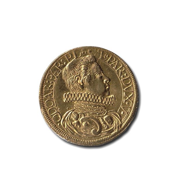 Moneta da collezione in oro Odoardo Farnese Parma Dux V D/Busto - R/ Lupa gigli e corona