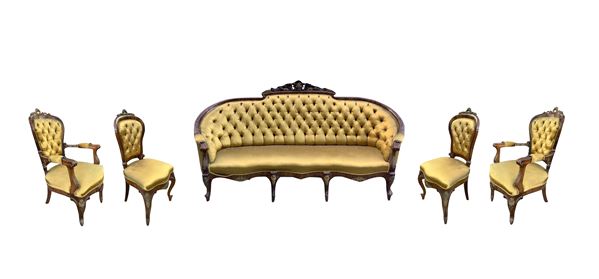 Salotto Luigi Filippo composto da divano in legno di palissandro, due poltrone e due sedie.