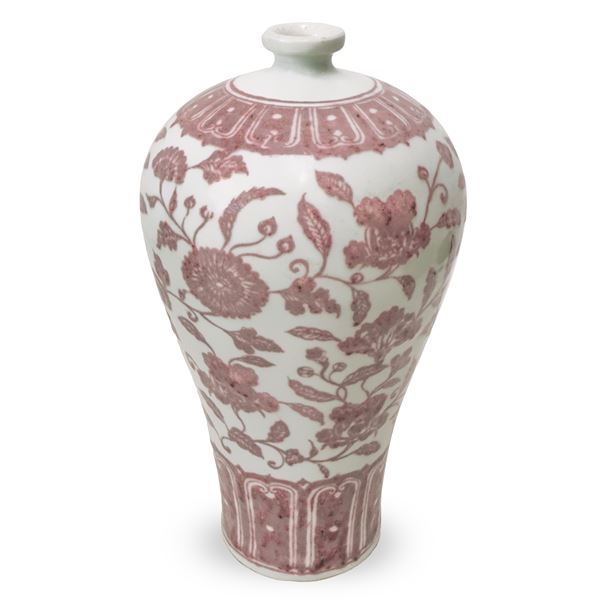 Chinese Meiping vase with red copper underglaze, Florence decorations in burgundy on a white background