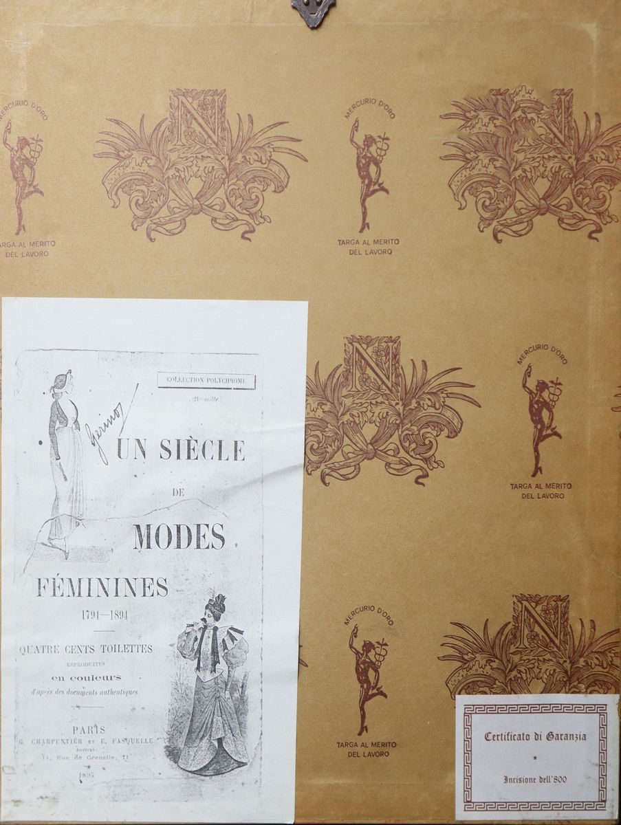 XIX secolo, Coppia di stampe raffiguranti abiti femminili e costumi del tempo
