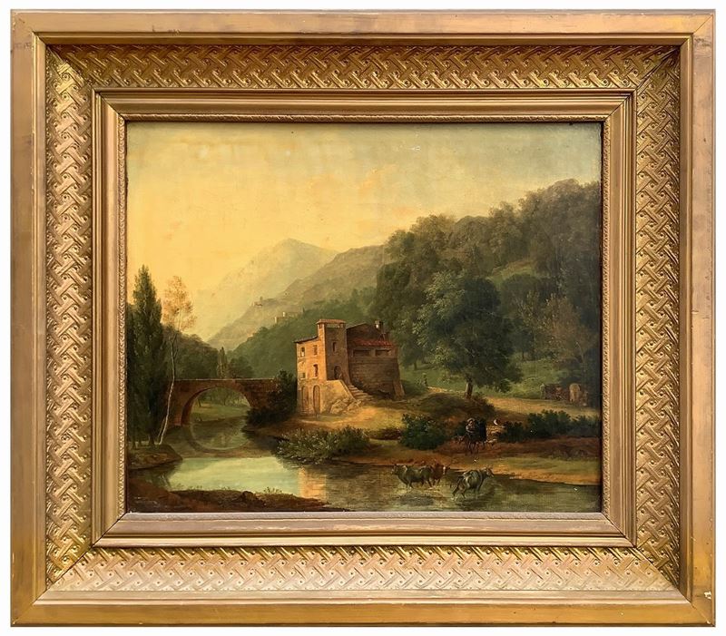 Paesaggio con casa e ponte