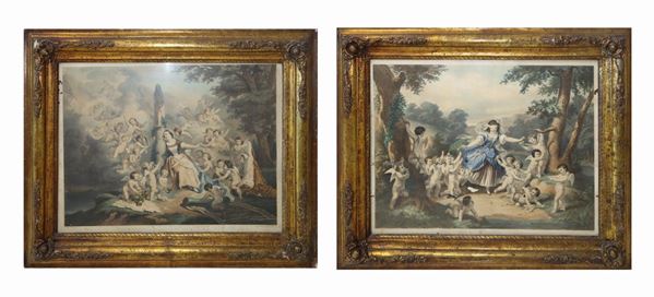 Pair of gilded wood frames with print