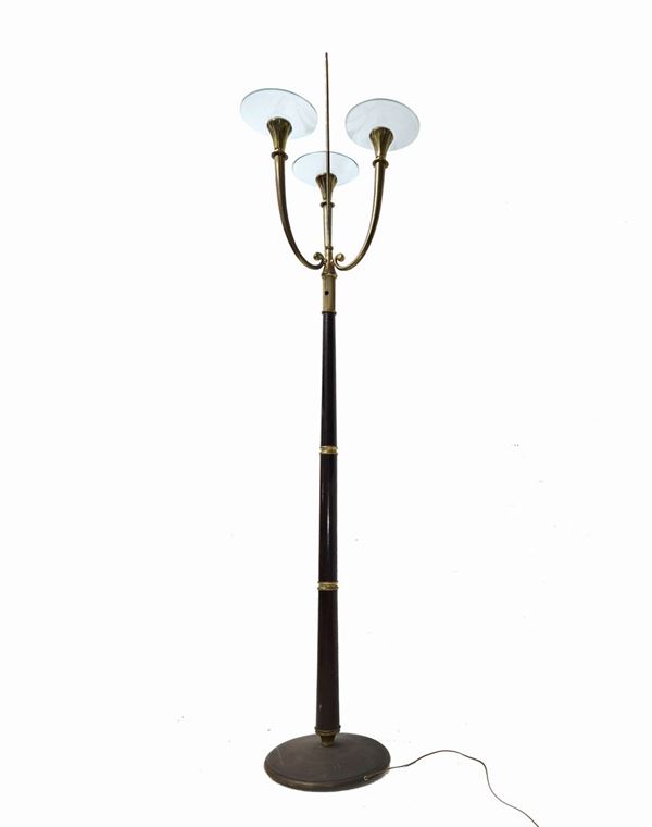 Floor lamp with three lights brass base and black lacquered stem