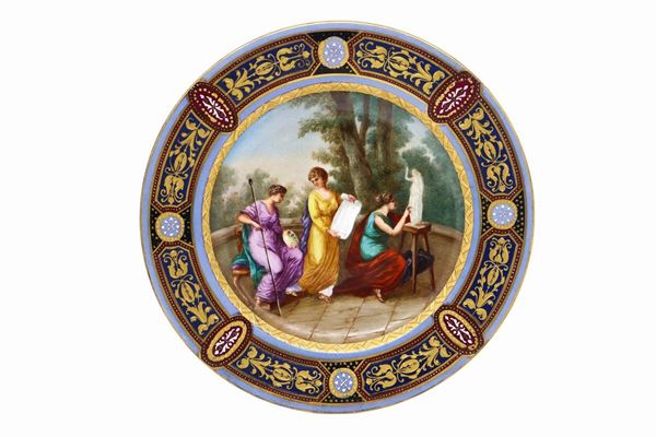 Antique porcelain plate, Vienna manufacture, hand painted and decorated in gold