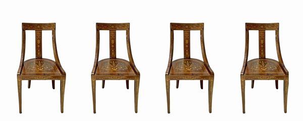 number 4 Charles X style chairs in walnut inlaid with light woods