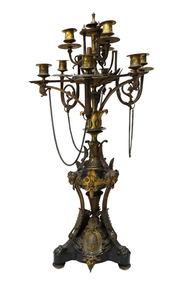 Candelabro a 9 candele Napoleone III in ottone dorato e marmo nero belga
