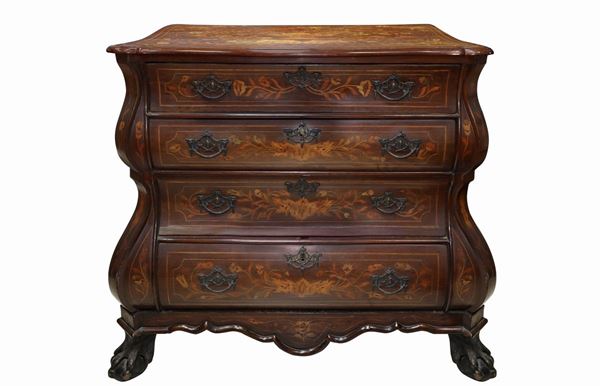 Dutch chest of drawers in mahogany wood with 4 drawers with floral patterns in light woods