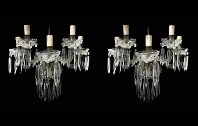 Coppia di Appliques in Vetro con Brindoli a Cinque Luci Molati a Mano