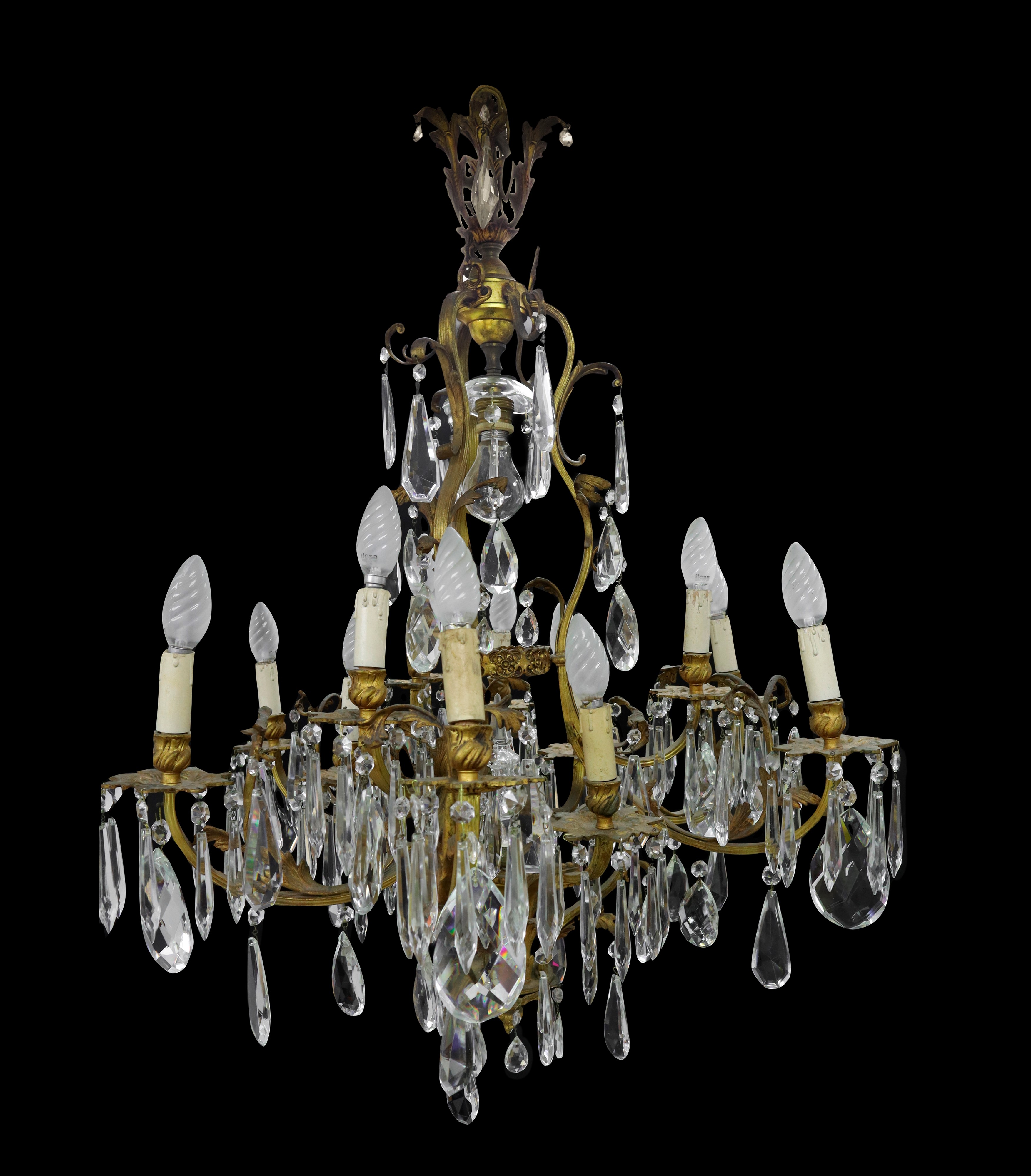 Lampadario luci in metallo dorato e brindoli molati