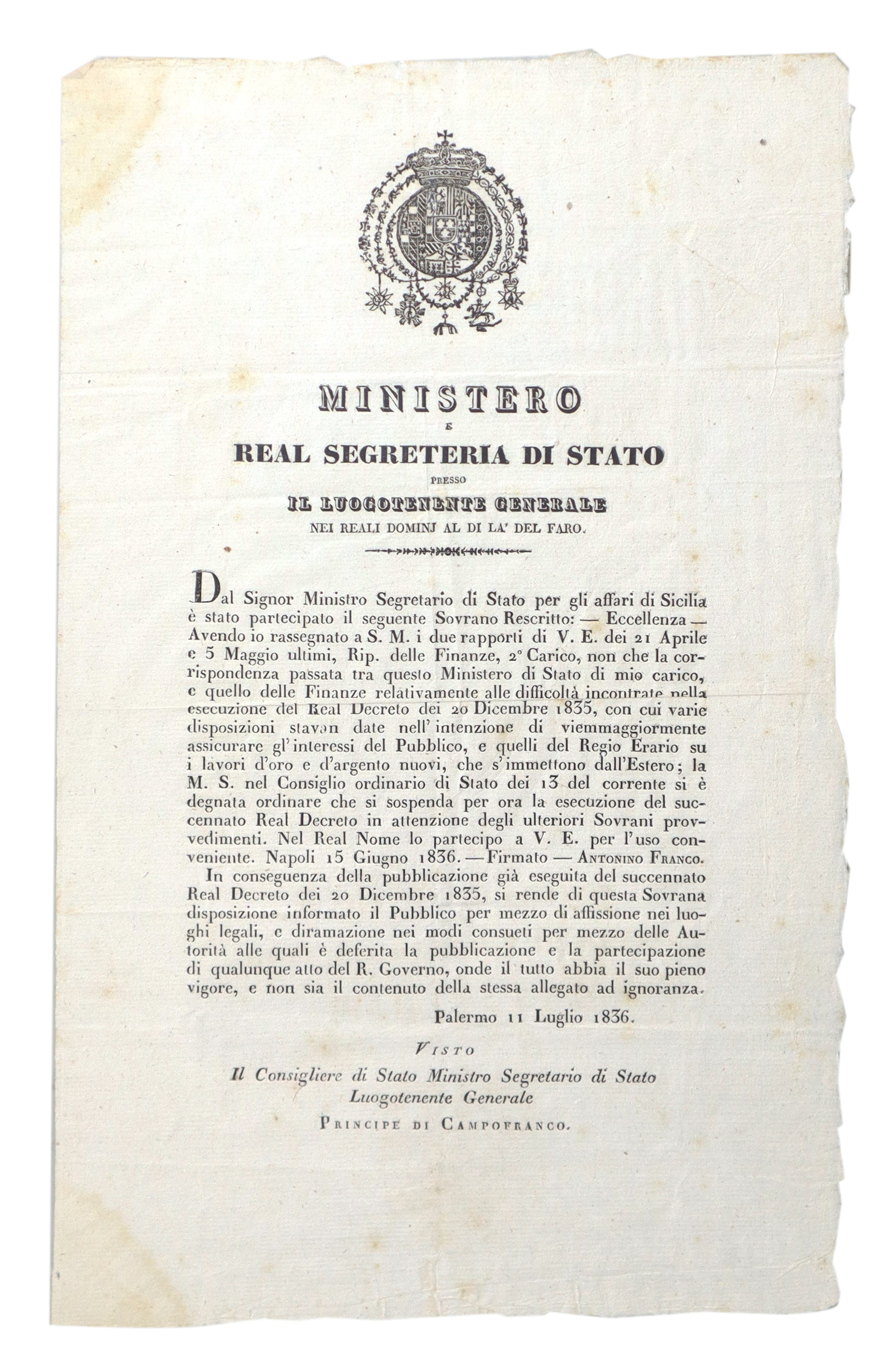Real Decreto - Ministero e Real Segreteria di Stato