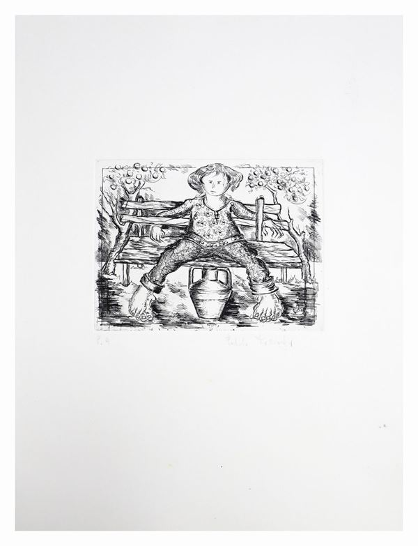 Salvatore Incorpora : Figura seduta in panchina con oggetti  - Opere Grafica - Asta Opere Grafiche e Stampe - Casa d'aste La Rosa