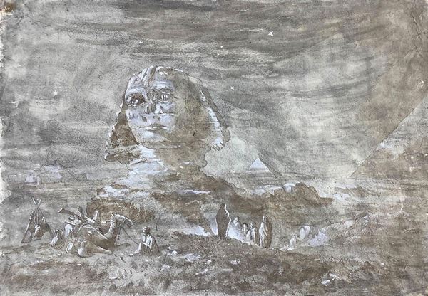 Gouache ad inchiostro bruno e  biacca su carta  raffigurante paesaggio notturno della Piramide di Cheope. Tracce di firma e data 1762,  in basso a sinistra “luxor  piramide di Cheope” 380 x 555 mm