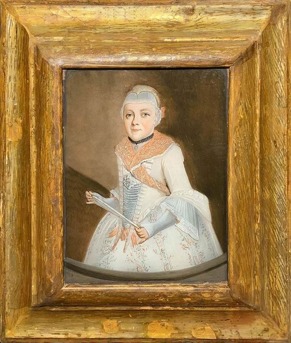 Dipinto a tempera su vetro raffigurante Infanta di Spagna. XVIII secolo- Cm 25x20,