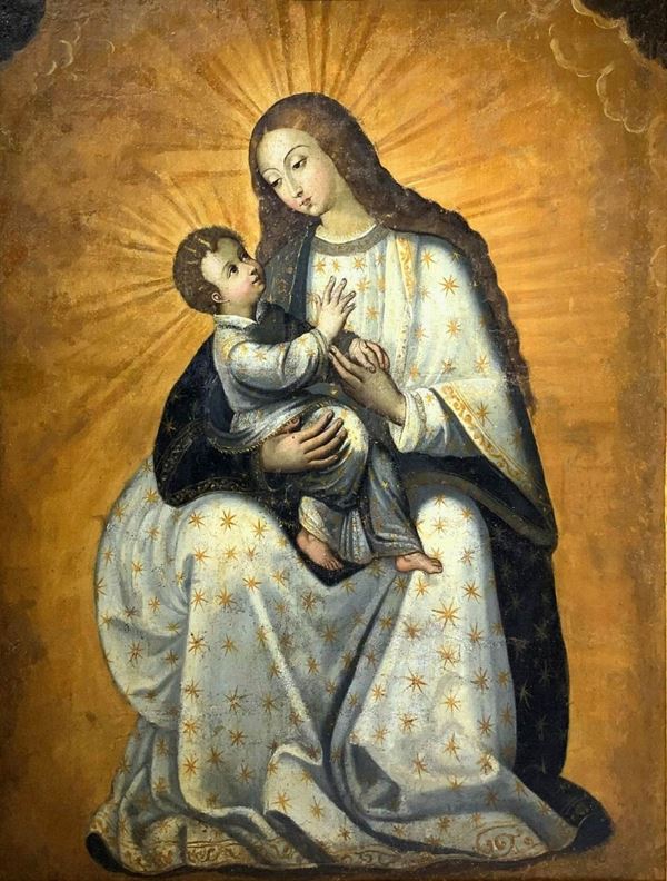 Dipinto ad olio su tela raffigurante Madonna con Bambino Gesù, XIX secolo. Cm 105x85.