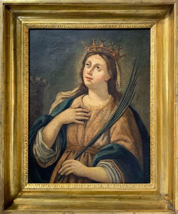 Dipinto ad olio su tela raffigurante Santa Barbara, XVIII secolo, pittore italiano, scuola emiliana. Cm 59x47.
