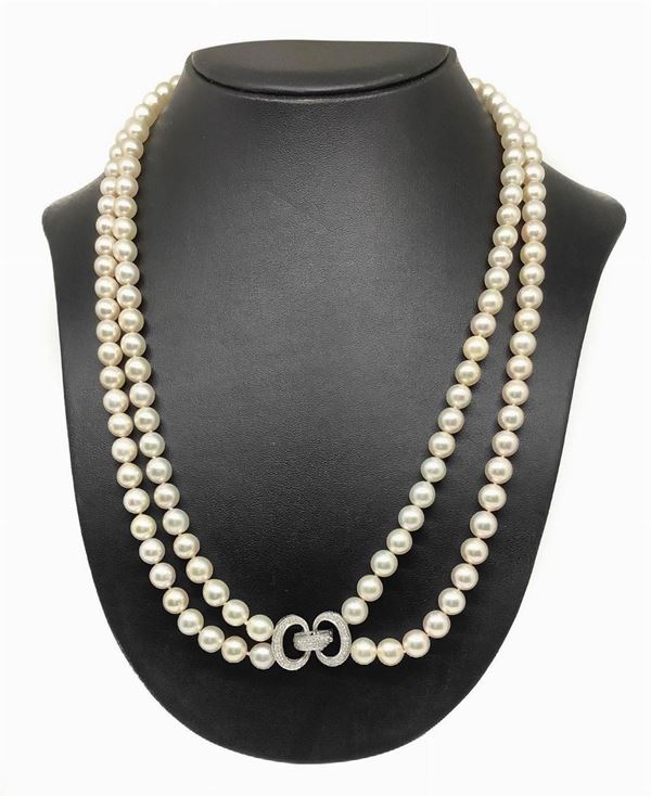 Necklace Pearls double strand gold susta B / 18 gr Ca 5.4 K, diamonds Caq70 8/8