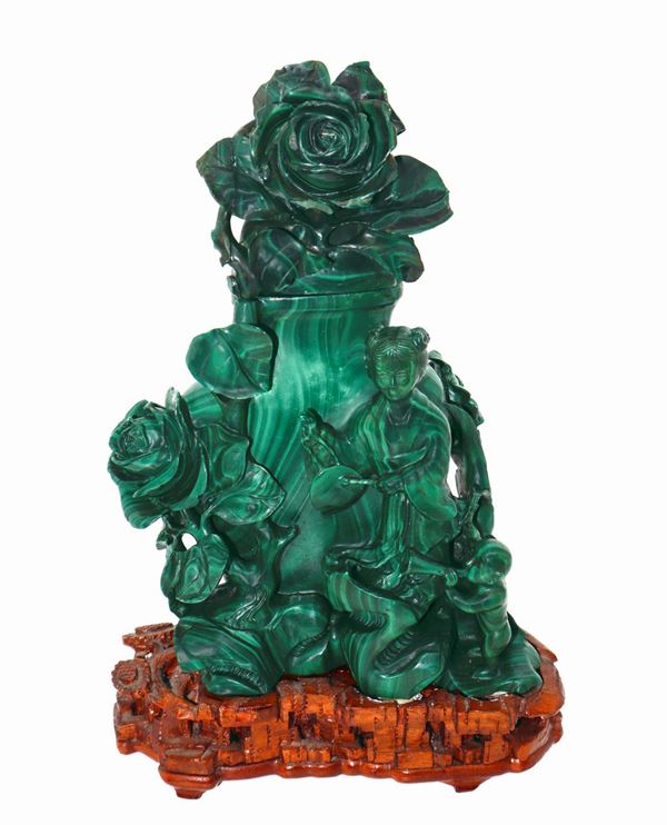 Perfume burner in malachite with wooden base