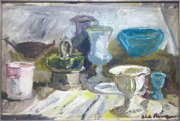Dipinto ad olio su tela raffigurante natura morta di vasi, Elio Romano (Trapani, 1909 – Catania, 1996). Cm 35 x50. Misure in cornice 62x67. Firmato in basso a destra.