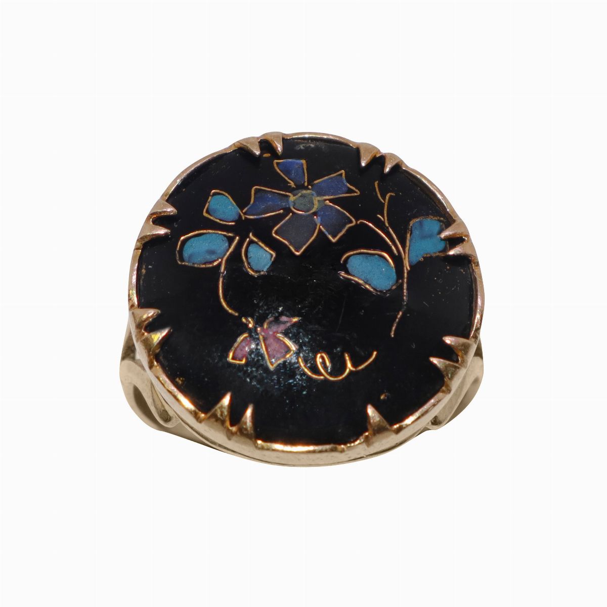 Anello in Oro Giallo 18 Kt ,onice ed Intarsi Floreali in Pietre Dure