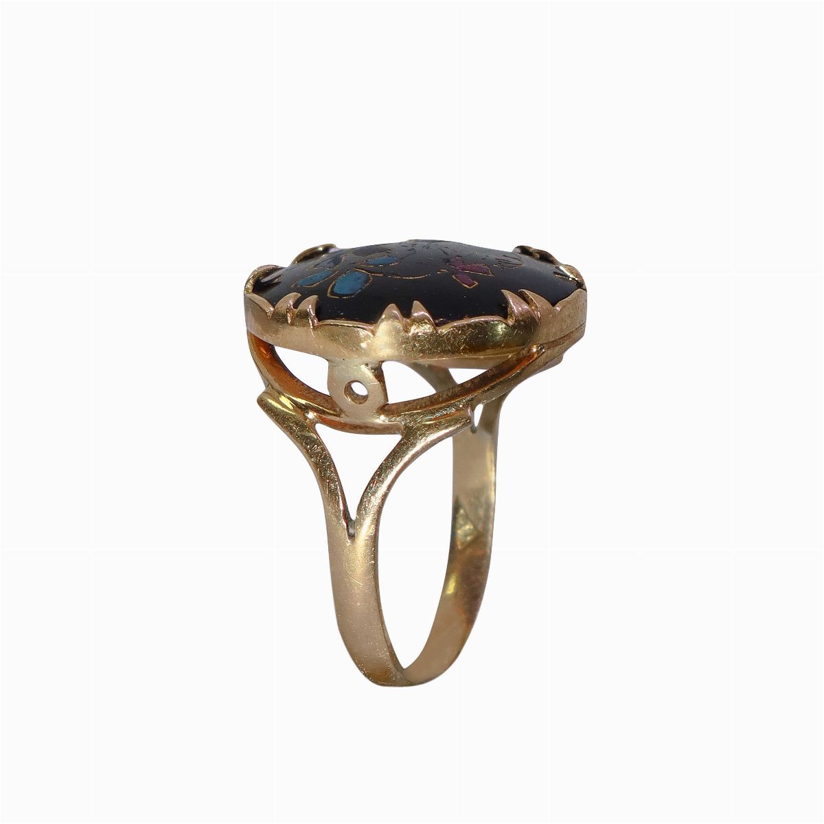 Anello in Oro Giallo 18 Kt ,onice ed Intarsi Floreali in Pietre Dure