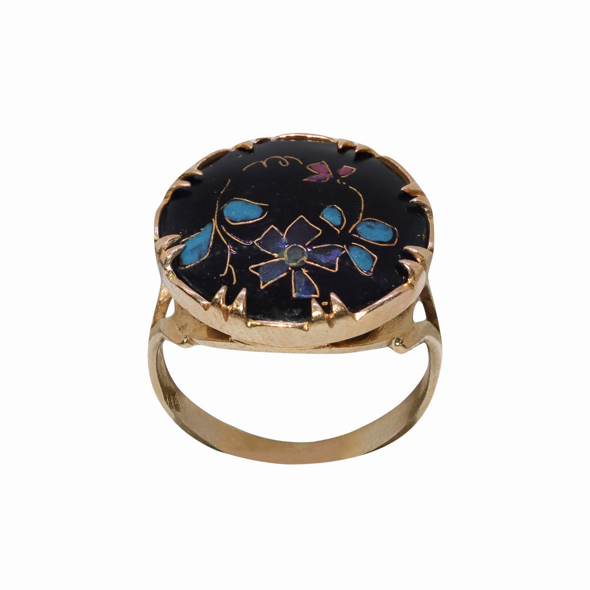 Anello in Oro Giallo 18 Kt ,onice ed Intarsi Floreali in Pietre Dure