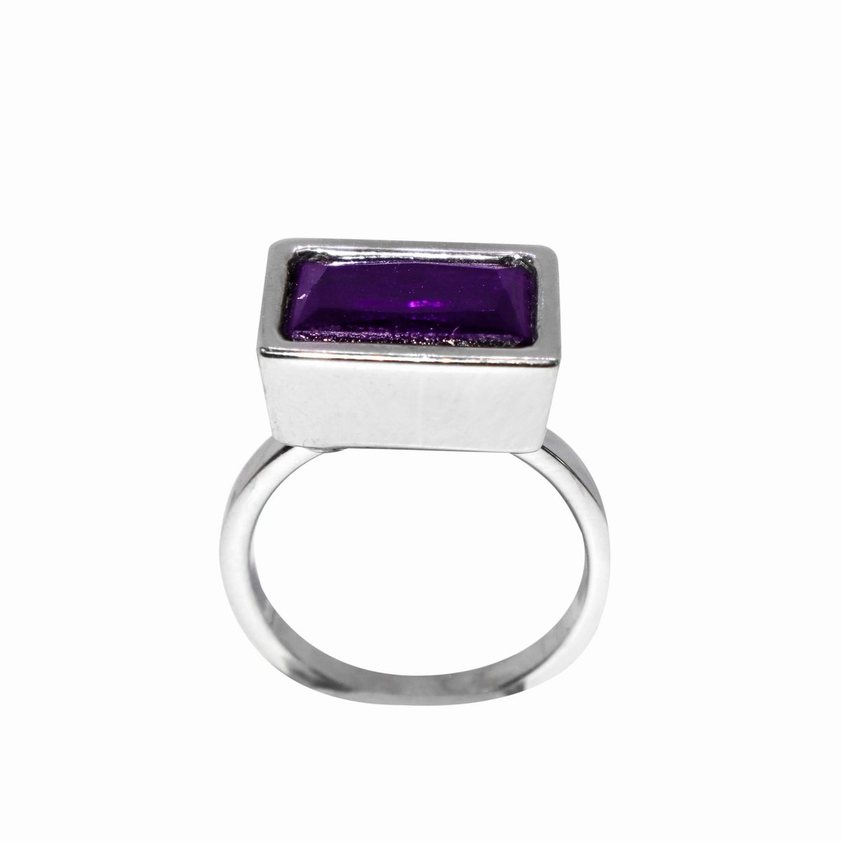 Anello in Oro Bianco 18 Kt e Pietra Ametista Rettangolare