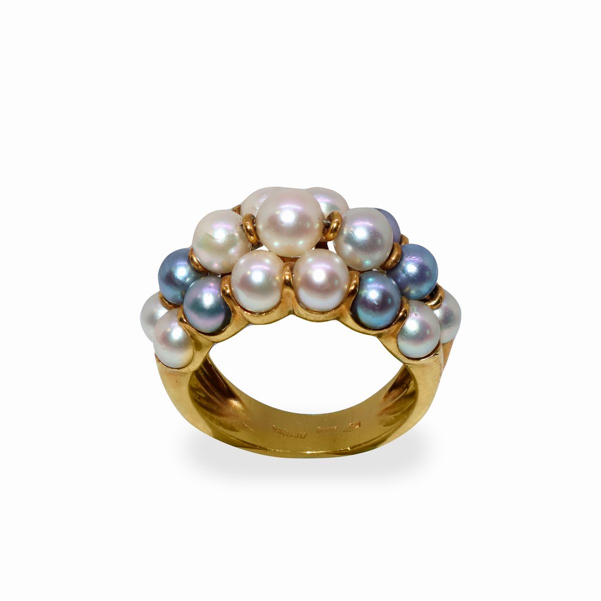 Anello in Oro Giallo con Perle Grigie e Bianche Giapponesi