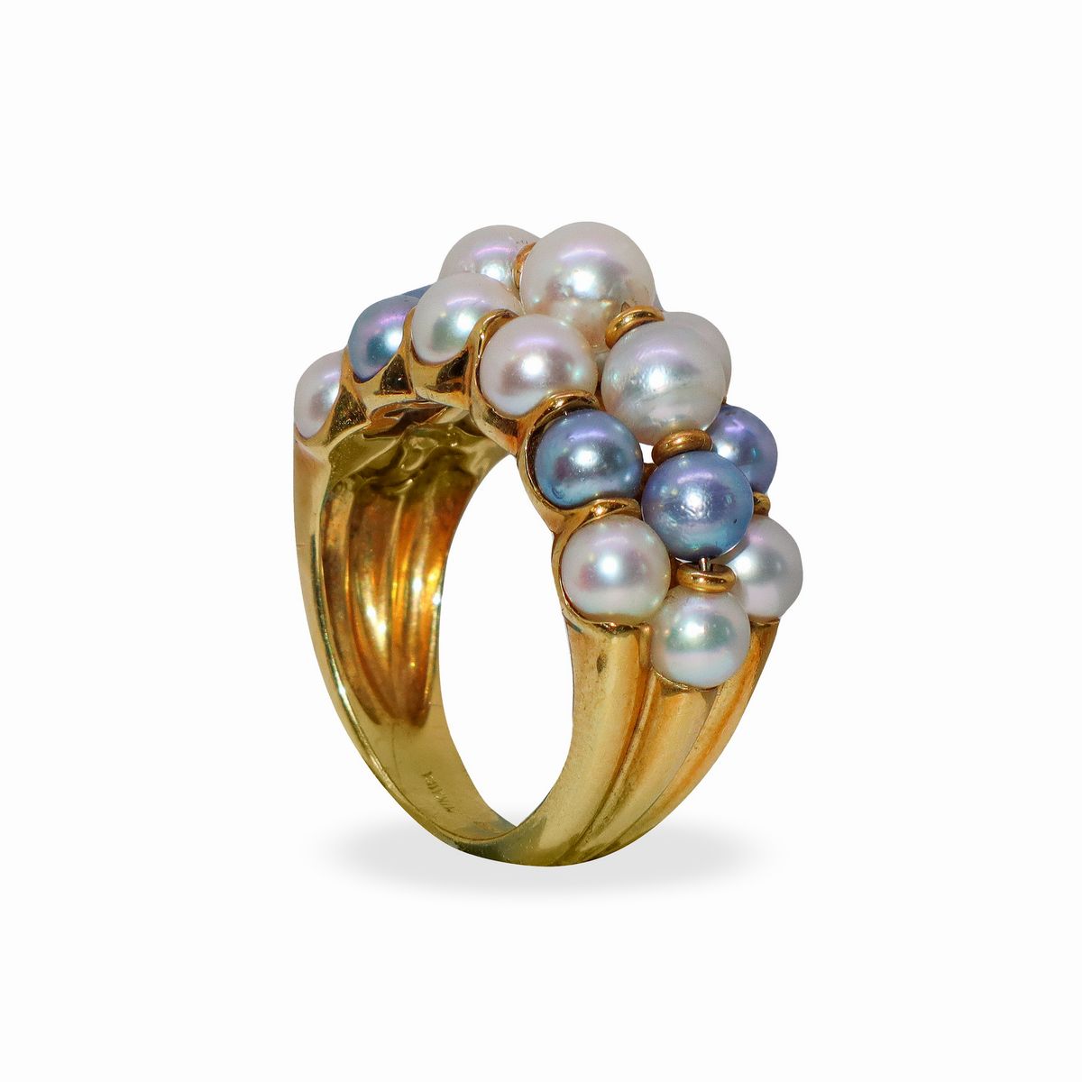 Anello in Oro Giallo con Perle Grigie e Bianche Giapponesi