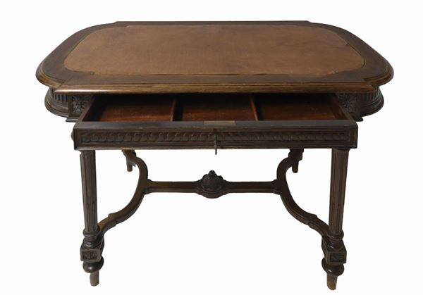 Tavolino ovale con cassetto e piano in pelle