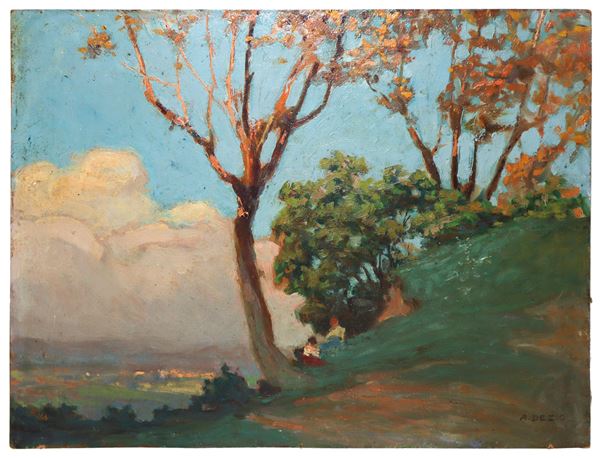 Landscape with couple under the trees