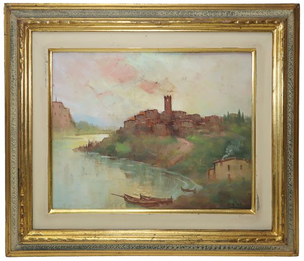 River landscape with perched village