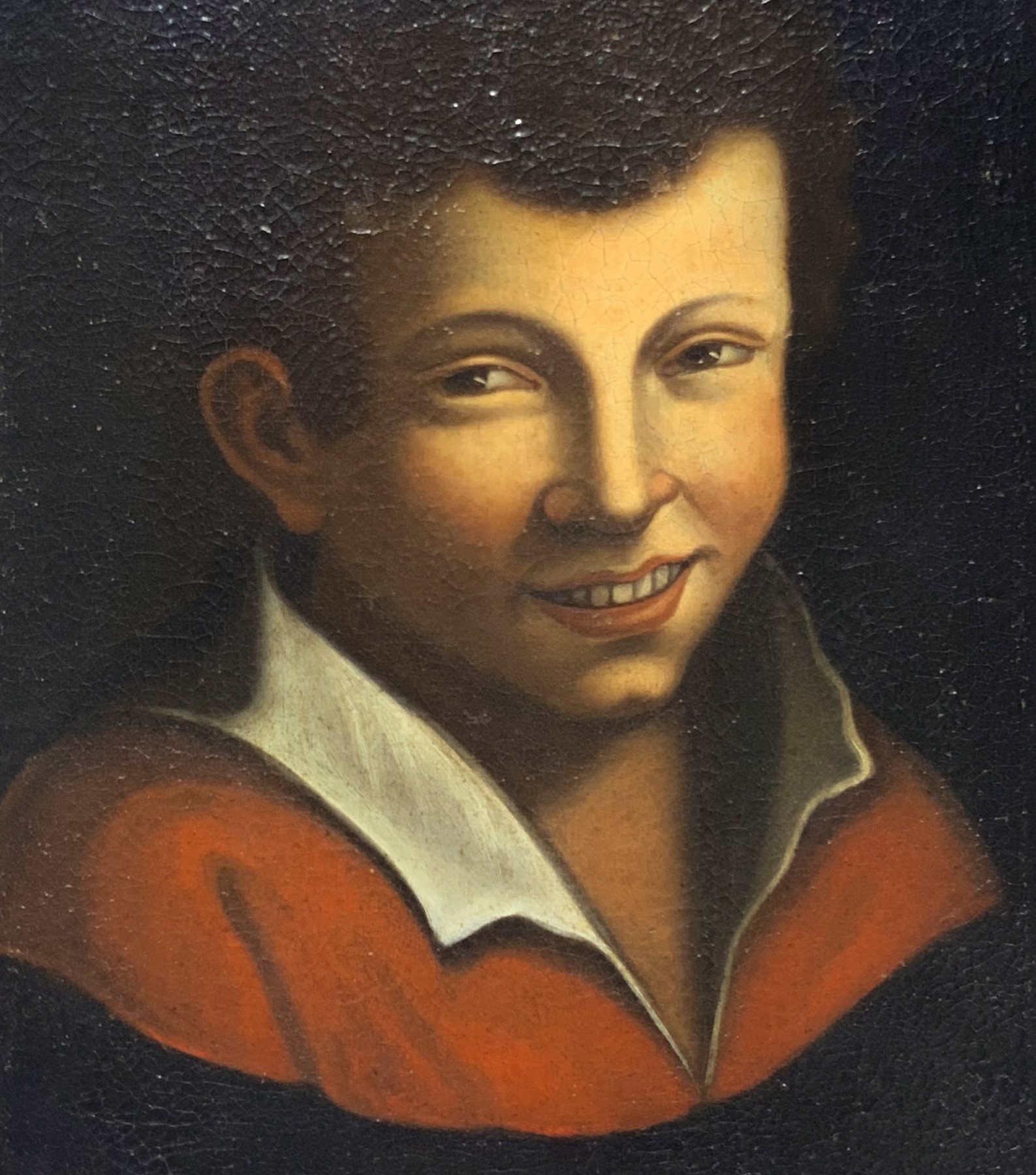 Antonio Amorosi - Volto di Ragazzo con Bavero Bianco su Abito Rosso.