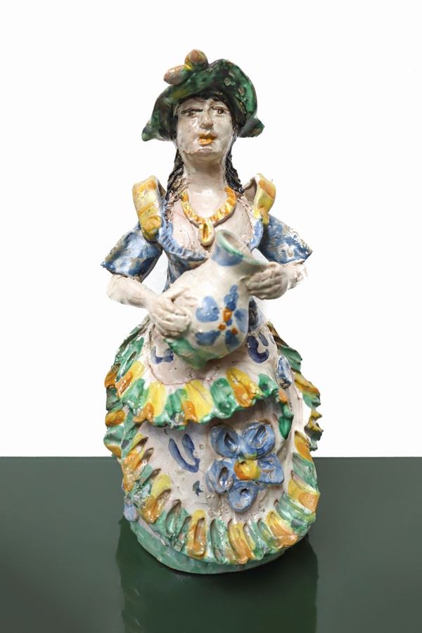 Majolica lamp from Caltagirone, woman with jug