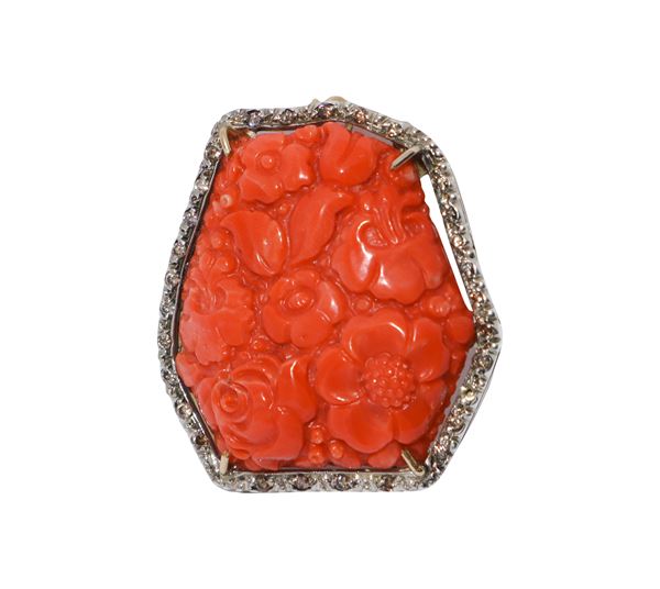 Coral and diamond brooch