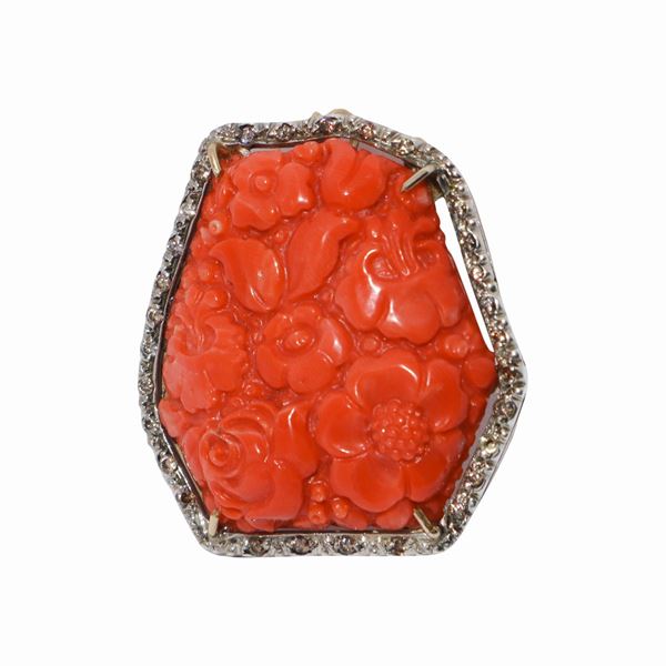 Coral and diamond brooch