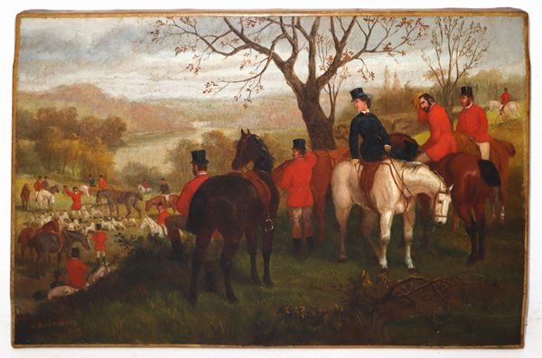 Fox hunting scene with rider and pack of dogs