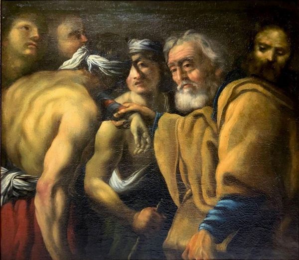 Dipinto ad olio su tela raffigurante "Il ritorno del figlio prodigo", XVII secolo, attribuito a Giovan Battista Langetti (Genova, 1635 – Venezia, 22 ottobre 1676), Cm 93x100.
L'opera è oralmente attribuita a Giovan Battista Langetti (Genova, 1635 – Venezia, 22 ottobre 1676). Poche e frammentarie notizie ci giungono circa il suo primo periodo di formazione, ma è ipotizzabile un soggiorno a Roma, durante il quale il Langetti è attivo presso la bottega di Pietro da Cortona. Nel periodo immediatam
