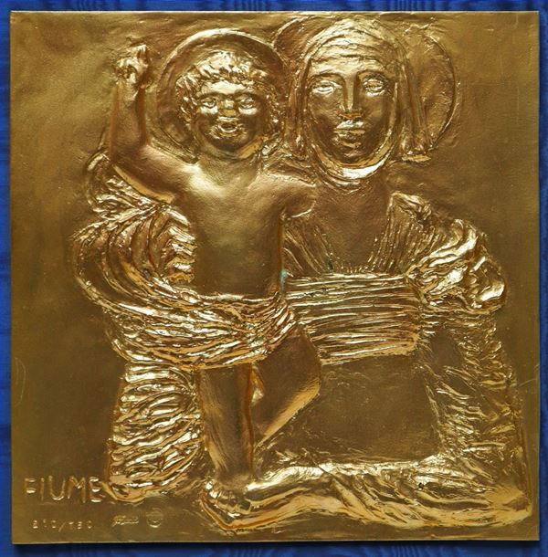 Salvatore Fiume - Gold patinated bas-relief depicting the Madonna of the jubilee