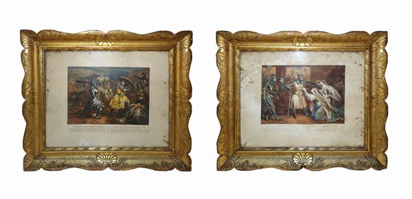 Pair of tray frames in gilded wood and mecca silver