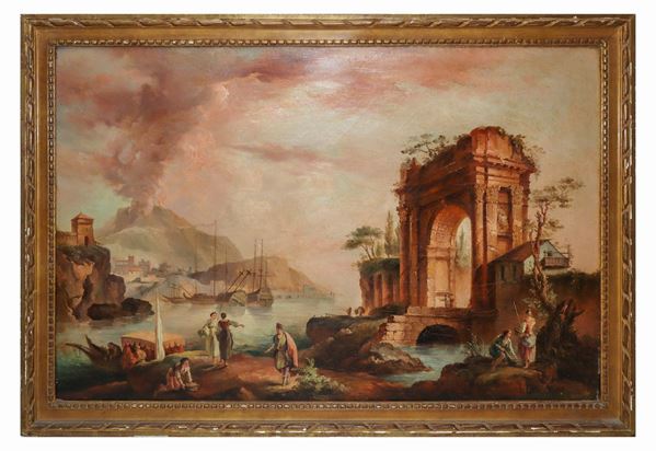 Port scene with vessels, characters and ruins