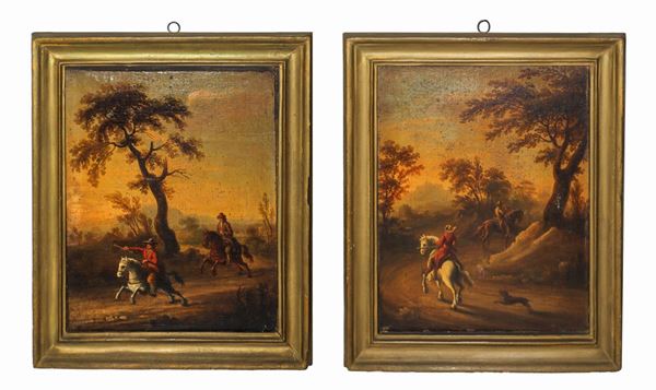 Pair of paintings depicting genre scenes with characters on horseback