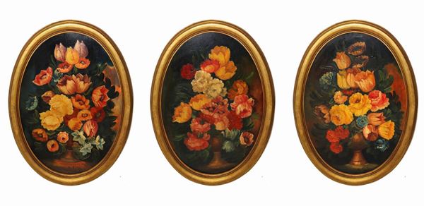 Triptych of still lifes of flowers