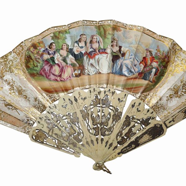 Reversible fan depicting a gallant scene with gold decorations