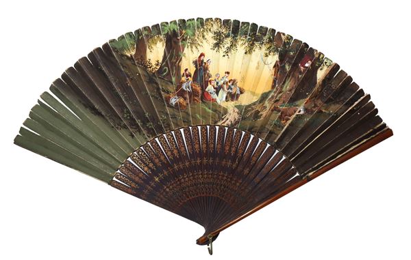 Fan depicting a woman and children at the river