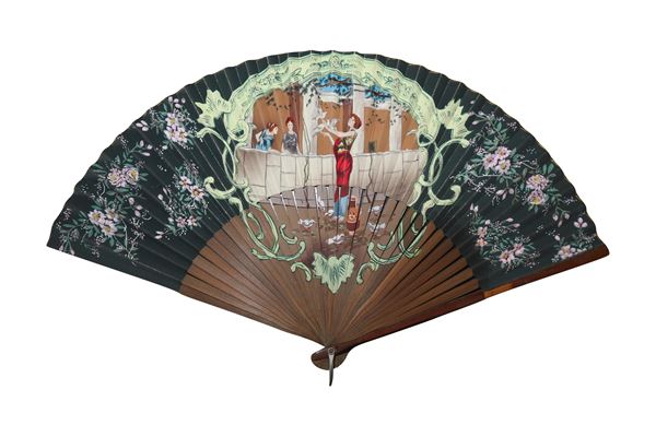 Fan depicting a woman with a red dress and doves