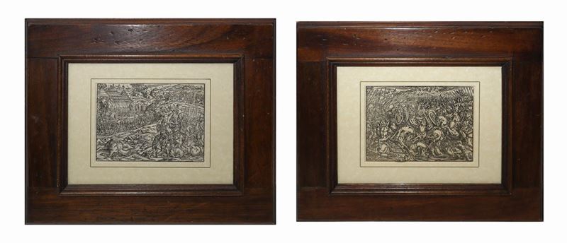 Coppia di incisioni raffiguranti scene belliche