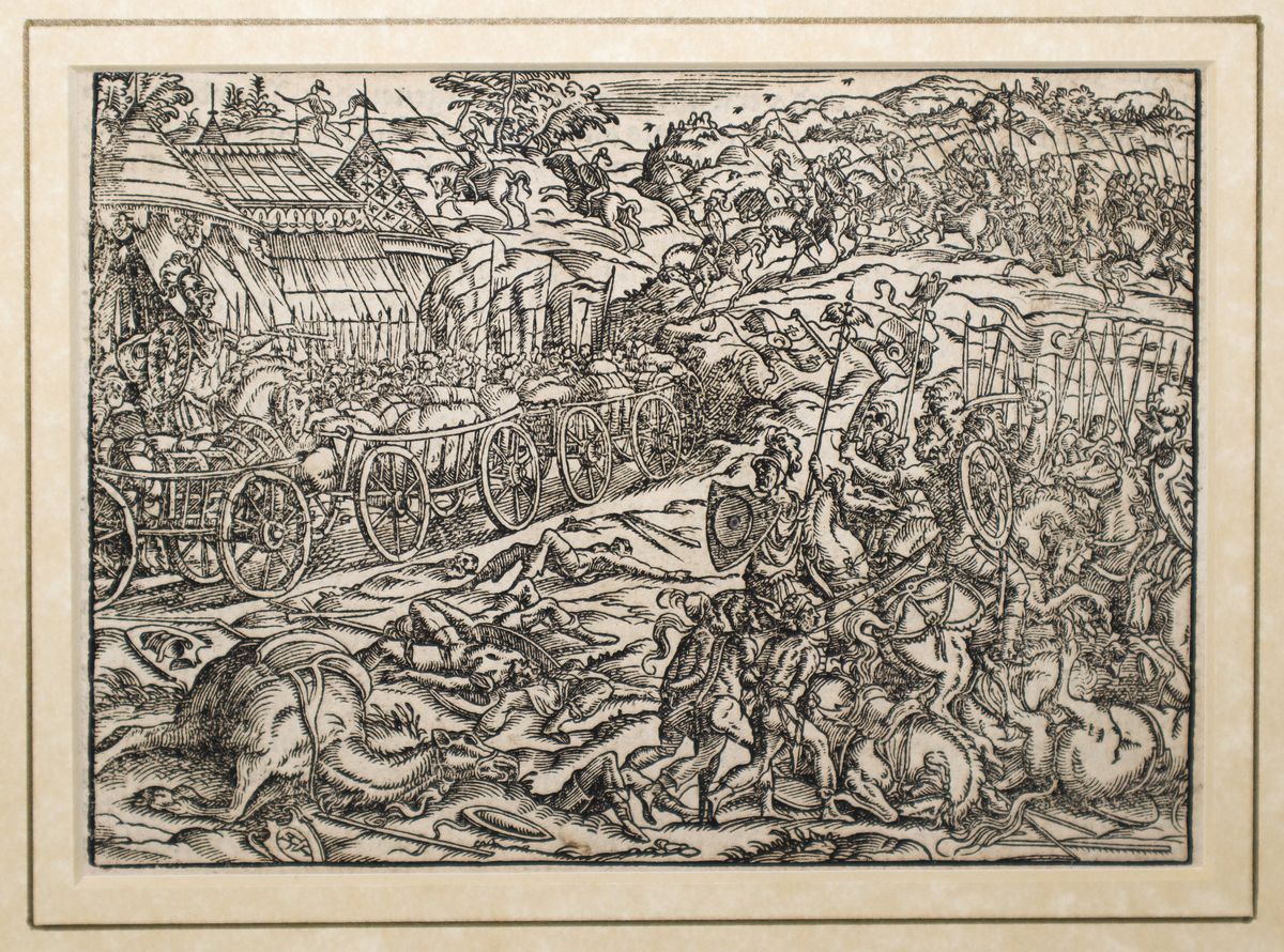 Coppia di incisioni raffiguranti scene belliche