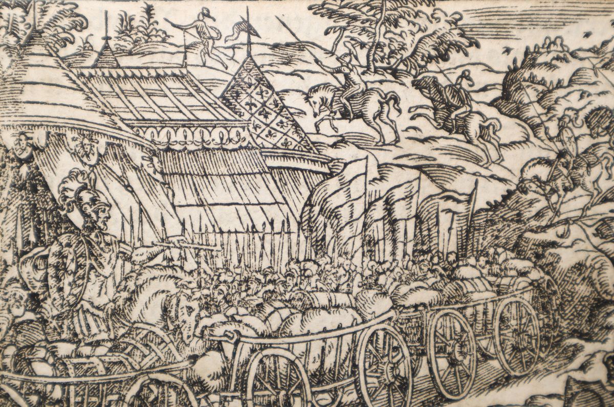 Coppia di incisioni raffiguranti scene belliche