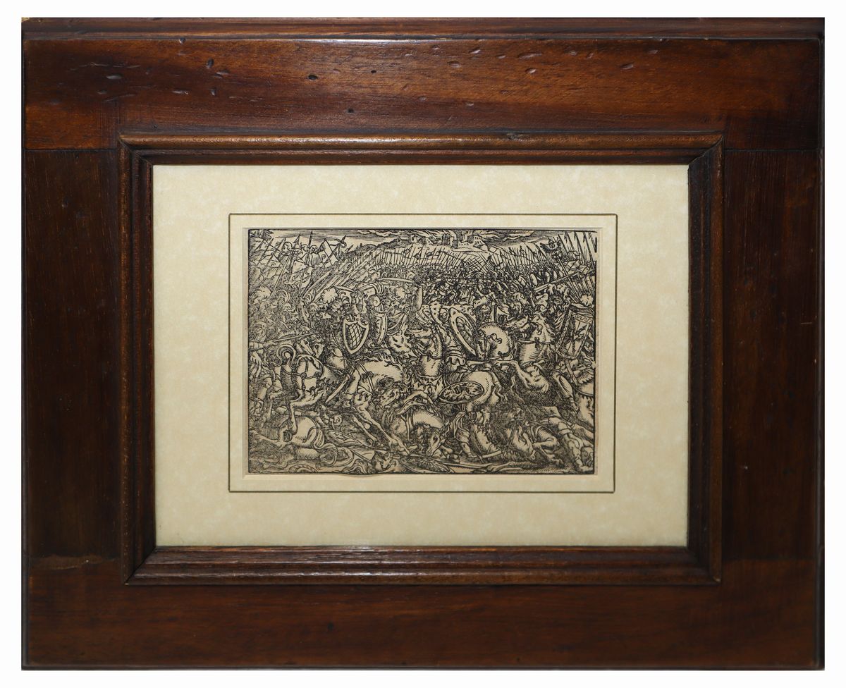 Coppia di incisioni raffiguranti scene belliche